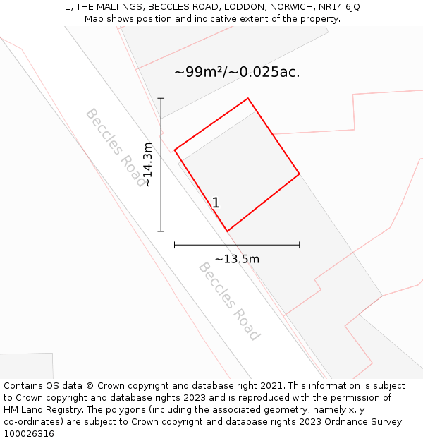 1, THE MALTINGS, BECCLES ROAD, LODDON, NORWICH, NR14 6JQ: Plot and title map