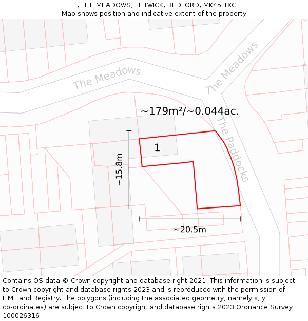 1, THE MEADOWS, FLITWICK, BEDFORD, MK45 1XG: Plot and title map