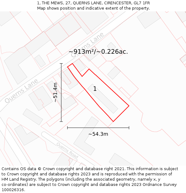 1, THE MEWS, 27, QUERNS LANE, CIRENCESTER, GL7 1FR: Plot and title map