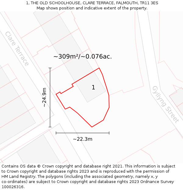 1, THE OLD SCHOOLHOUSE, CLARE TERRACE, FALMOUTH, TR11 3ES: Plot and title map