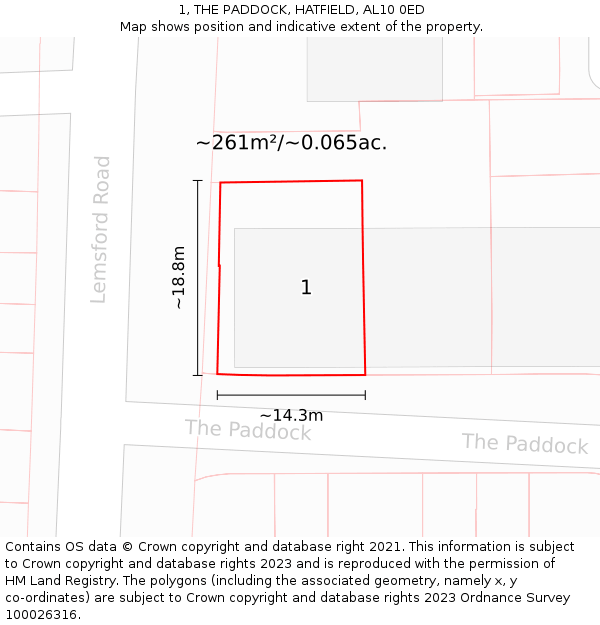 1, THE PADDOCK, HATFIELD, AL10 0ED: Plot and title map