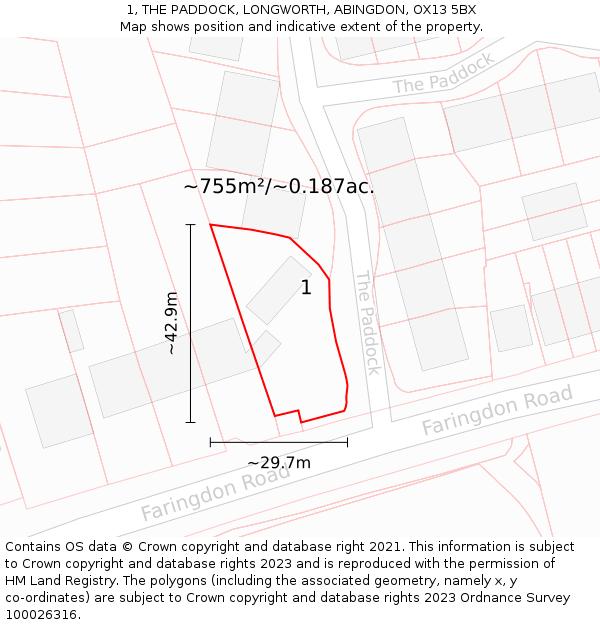 1, THE PADDOCK, LONGWORTH, ABINGDON, OX13 5BX: Plot and title map