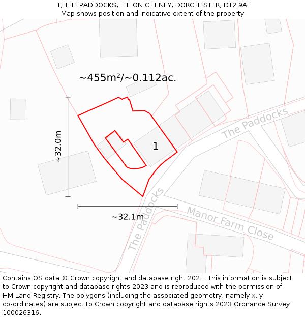 1, THE PADDOCKS, LITTON CHENEY, DORCHESTER, DT2 9AF: Plot and title map