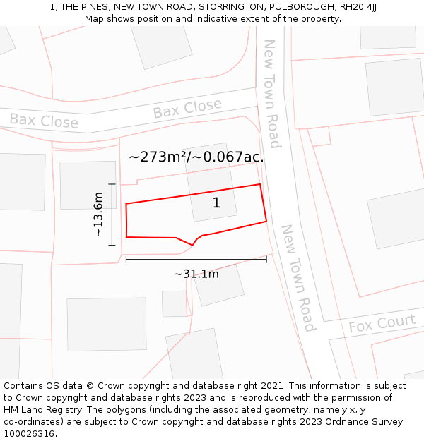 1, THE PINES, NEW TOWN ROAD, STORRINGTON, PULBOROUGH, RH20 4JJ: Plot and title map