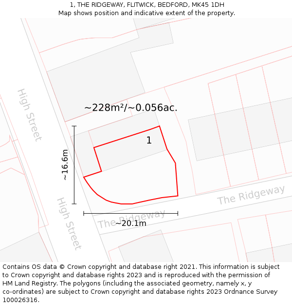 1, THE RIDGEWAY, FLITWICK, BEDFORD, MK45 1DH: Plot and title map