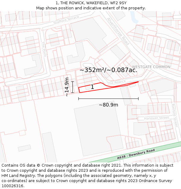 1, THE ROWICK, WAKEFIELD, WF2 9SY: Plot and title map