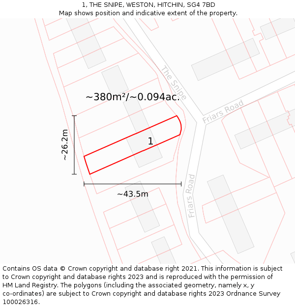 1, THE SNIPE, WESTON, HITCHIN, SG4 7BD: Plot and title map