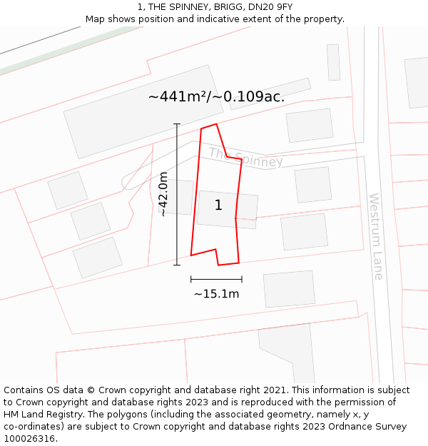 1, THE SPINNEY, BRIGG, DN20 9FY: Plot and title map