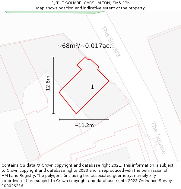 1, THE SQUARE, CARSHALTON, SM5 3BN: Plot and title map