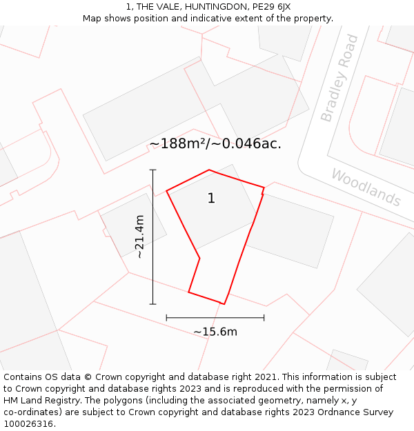 1, THE VALE, HUNTINGDON, PE29 6JX: Plot and title map