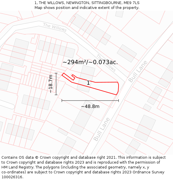 1, THE WILLOWS, NEWINGTON, SITTINGBOURNE, ME9 7LS: Plot and title map