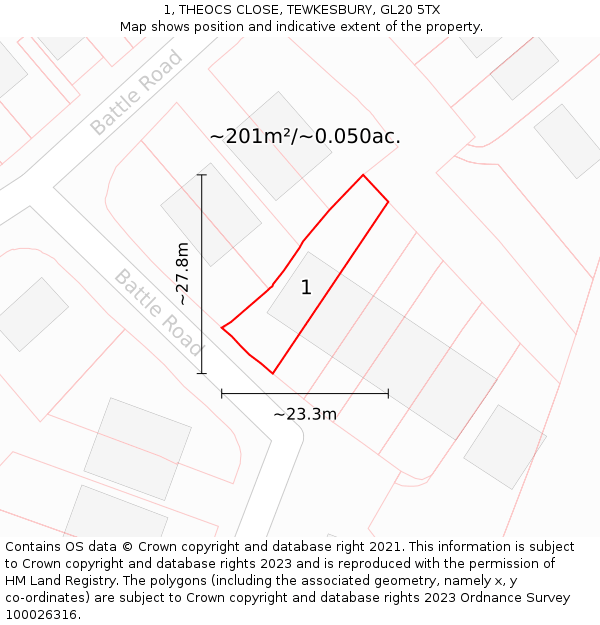 1, THEOCS CLOSE, TEWKESBURY, GL20 5TX: Plot and title map