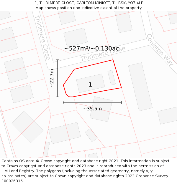 1, THIRLMERE CLOSE, CARLTON MINIOTT, THIRSK, YO7 4LP: Plot and title map