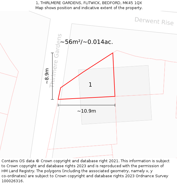 1, THIRLMERE GARDENS, FLITWICK, BEDFORD, MK45 1QX: Plot and title map