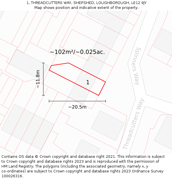 1, THREADCUTTERS WAY, SHEPSHED, LOUGHBOROUGH, LE12 9JY: Plot and title map