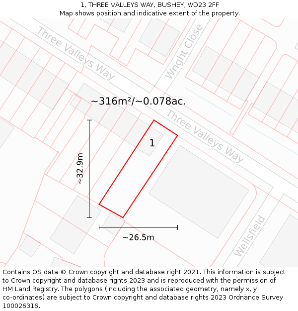 1, THREE VALLEYS WAY, BUSHEY, WD23 2FF: Plot and title map