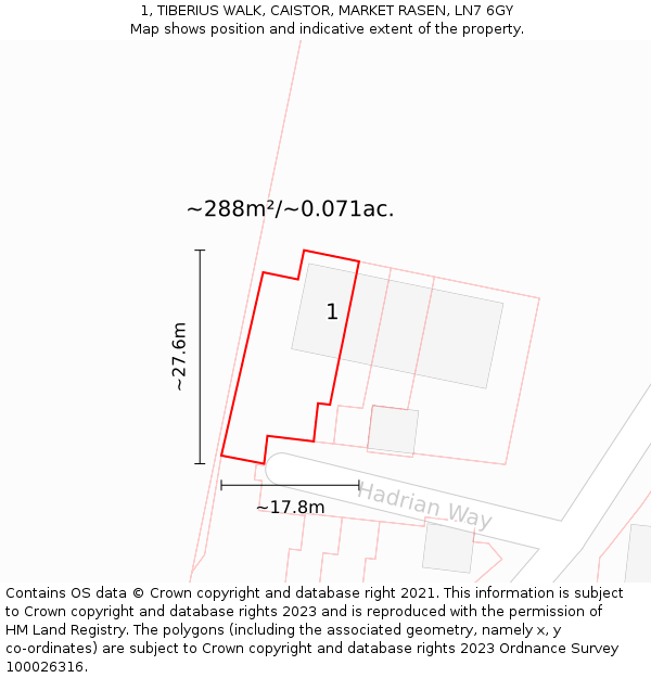 1, TIBERIUS WALK, CAISTOR, MARKET RASEN, LN7 6GY: Plot and title map