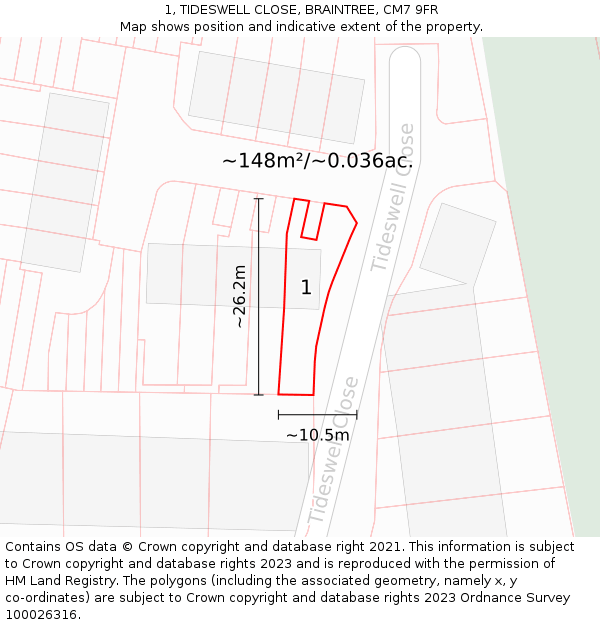 1, TIDESWELL CLOSE, BRAINTREE, CM7 9FR: Plot and title map