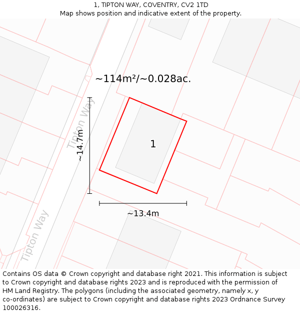 1, TIPTON WAY, COVENTRY, CV2 1TD: Plot and title map