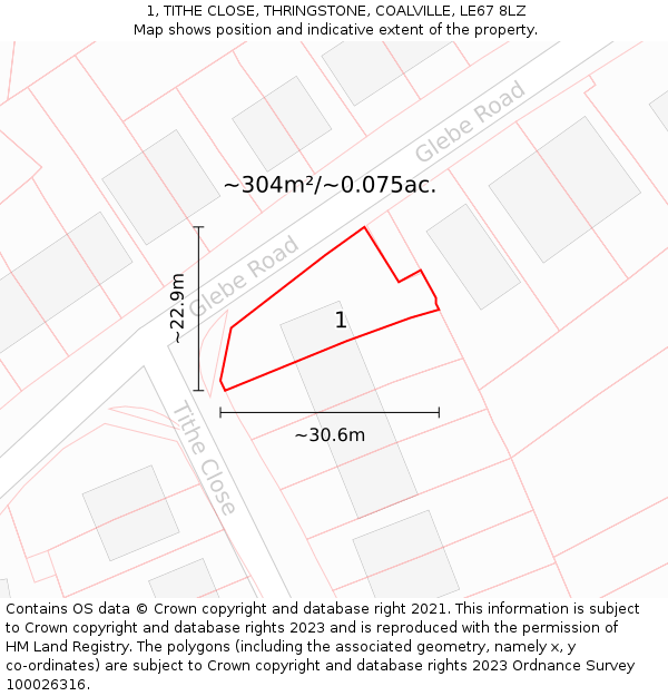 1, TITHE CLOSE, THRINGSTONE, COALVILLE, LE67 8LZ: Plot and title map