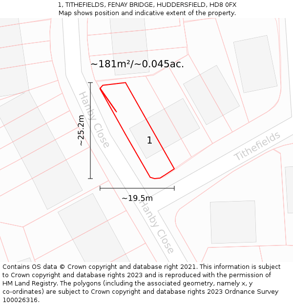 1, TITHEFIELDS, FENAY BRIDGE, HUDDERSFIELD, HD8 0FX: Plot and title map