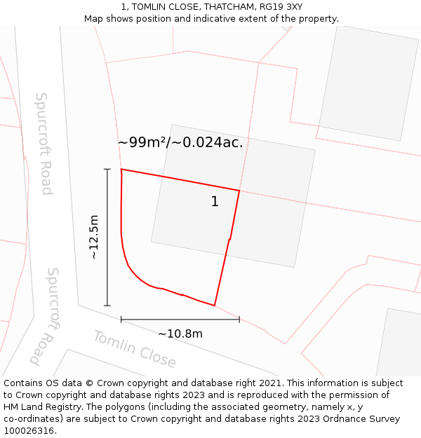 1, TOMLIN CLOSE, THATCHAM, RG19 3XY: Plot and title map
