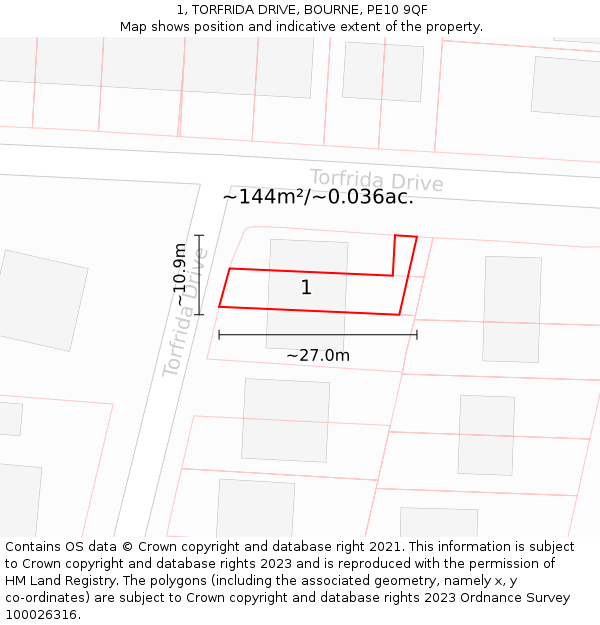 1, TORFRIDA DRIVE, BOURNE, PE10 9QF: Plot and title map