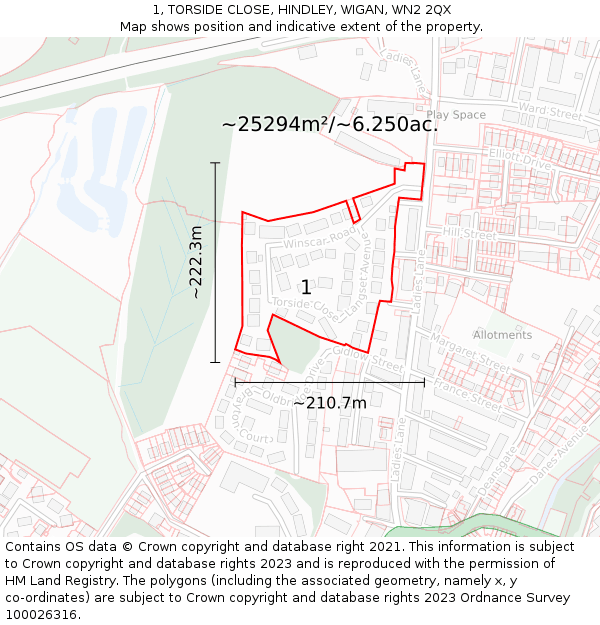 1, TORSIDE CLOSE, HINDLEY, WIGAN, WN2 2QX: Plot and title map