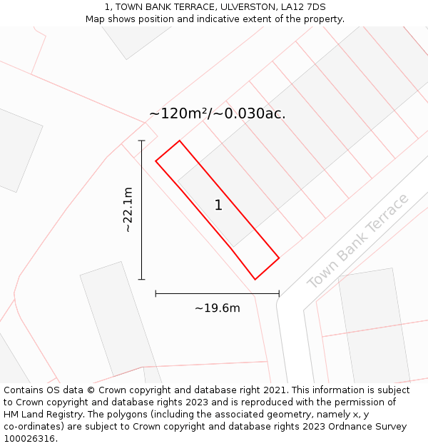 1, TOWN BANK TERRACE, ULVERSTON, LA12 7DS: Plot and title map