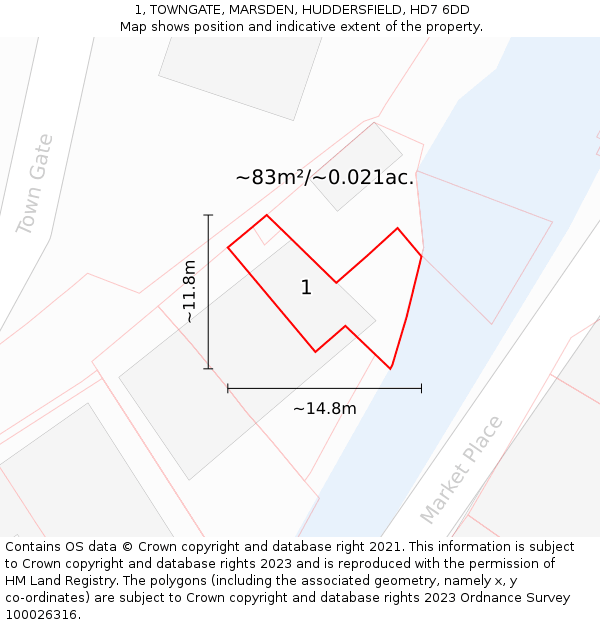 1, TOWNGATE, MARSDEN, HUDDERSFIELD, HD7 6DD: Plot and title map