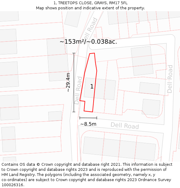 1, TREETOPS CLOSE, GRAYS, RM17 5FL: Plot and title map