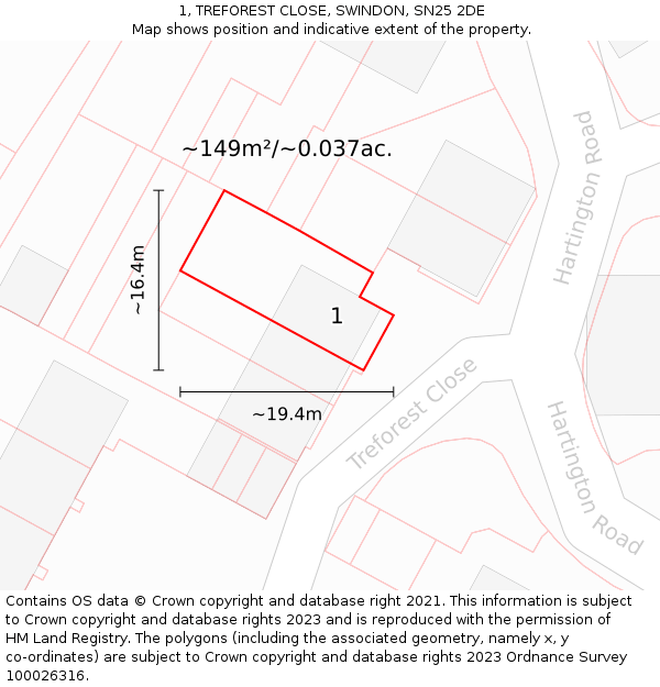 1, TREFOREST CLOSE, SWINDON, SN25 2DE: Plot and title map