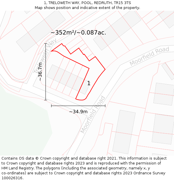 1, TRELOWETH WAY, POOL, REDRUTH, TR15 3TS: Plot and title map
