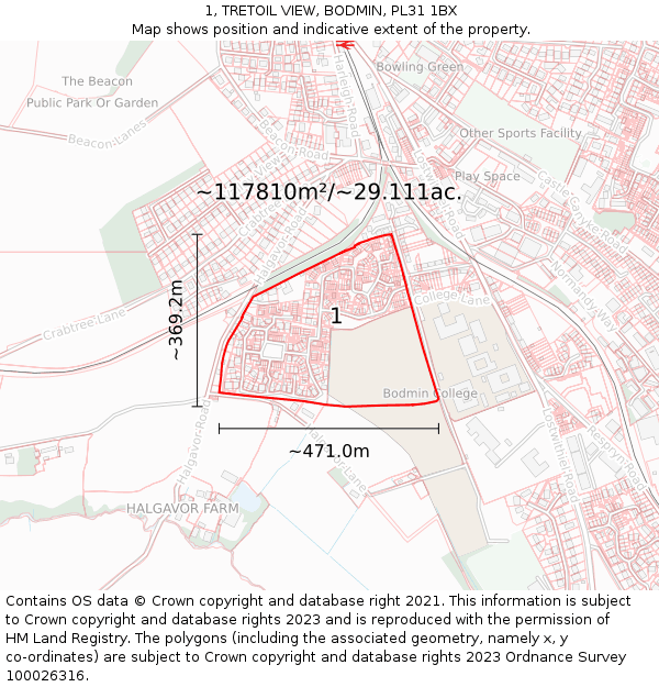 1, TRETOIL VIEW, BODMIN, PL31 1BX: Plot and title map