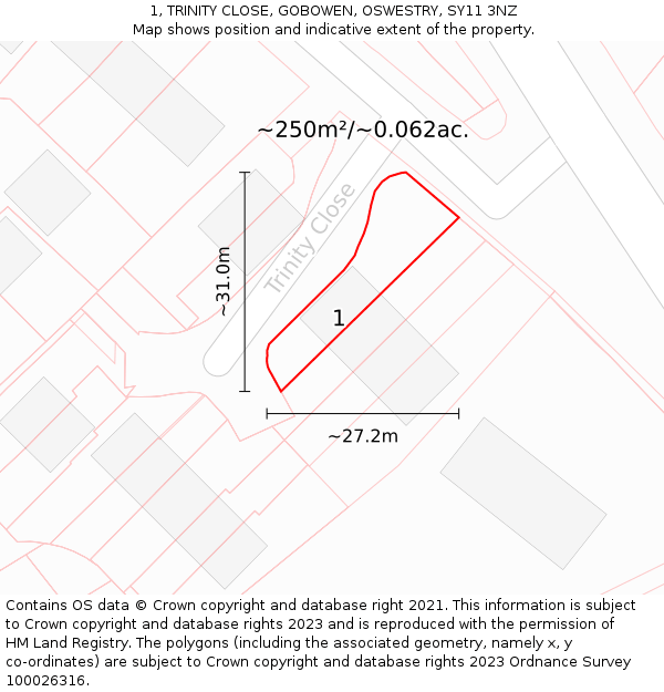 1, TRINITY CLOSE, GOBOWEN, OSWESTRY, SY11 3NZ: Plot and title map