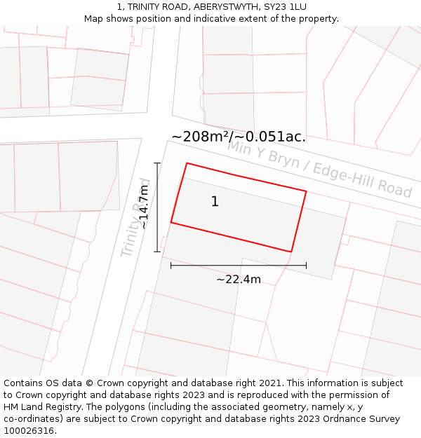 1, TRINITY ROAD, ABERYSTWYTH, SY23 1LU: Plot and title map
