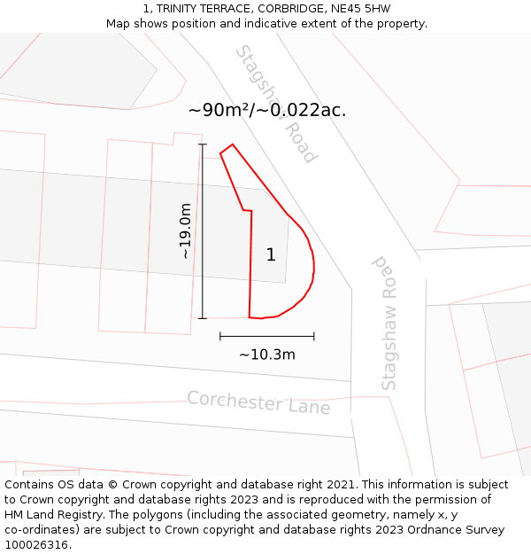 1, TRINITY TERRACE, CORBRIDGE, NE45 5HW: Plot and title map