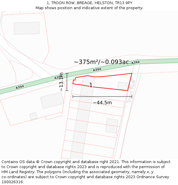 1, TROON ROW, BREAGE, HELSTON, TR13 9PY: Plot and title map