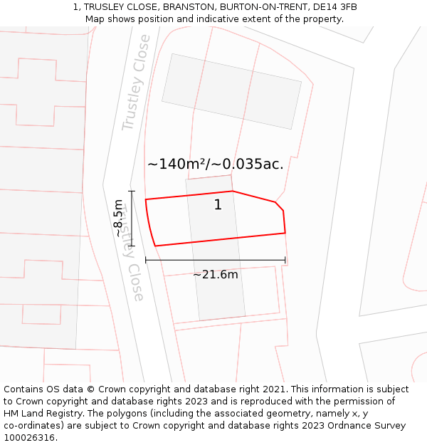 1, TRUSLEY CLOSE, BRANSTON, BURTON-ON-TRENT, DE14 3FB: Plot and title map