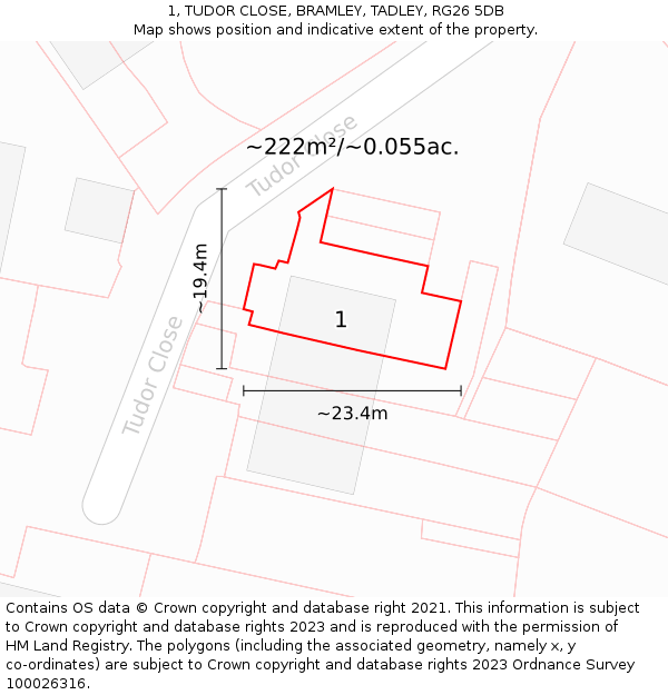 1, TUDOR CLOSE, BRAMLEY, TADLEY, RG26 5DB: Plot and title map