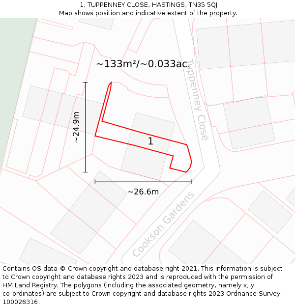 1, TUPPENNEY CLOSE, HASTINGS, TN35 5QJ: Plot and title map