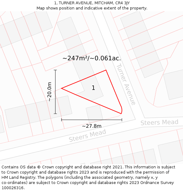 1, TURNER AVENUE, MITCHAM, CR4 3JY: Plot and title map