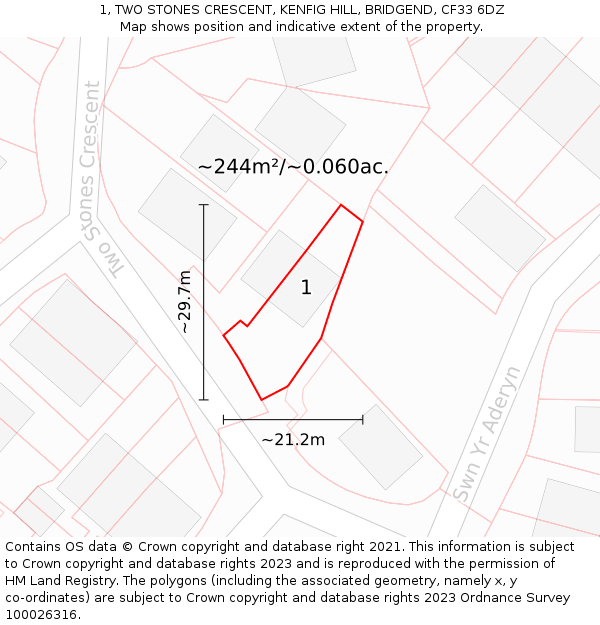 1, TWO STONES CRESCENT, KENFIG HILL, BRIDGEND, CF33 6DZ: Plot and title map