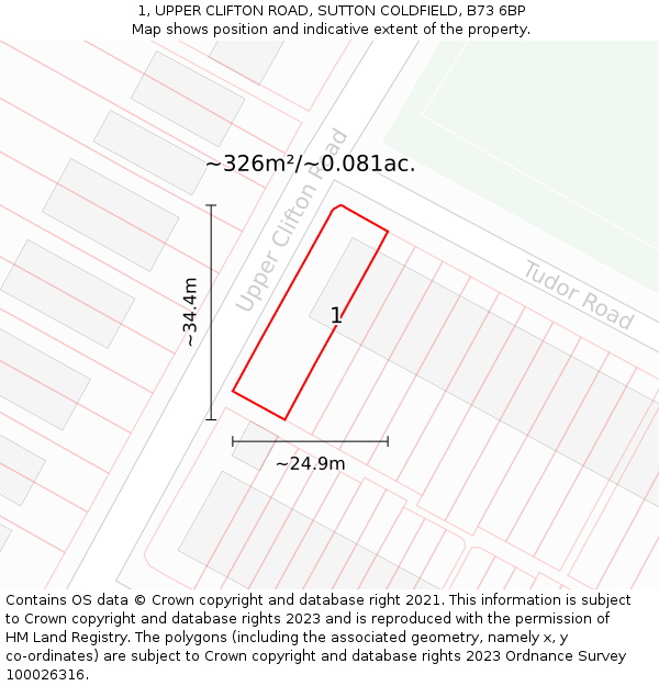 1, UPPER CLIFTON ROAD, SUTTON COLDFIELD, B73 6BP: Plot and title map