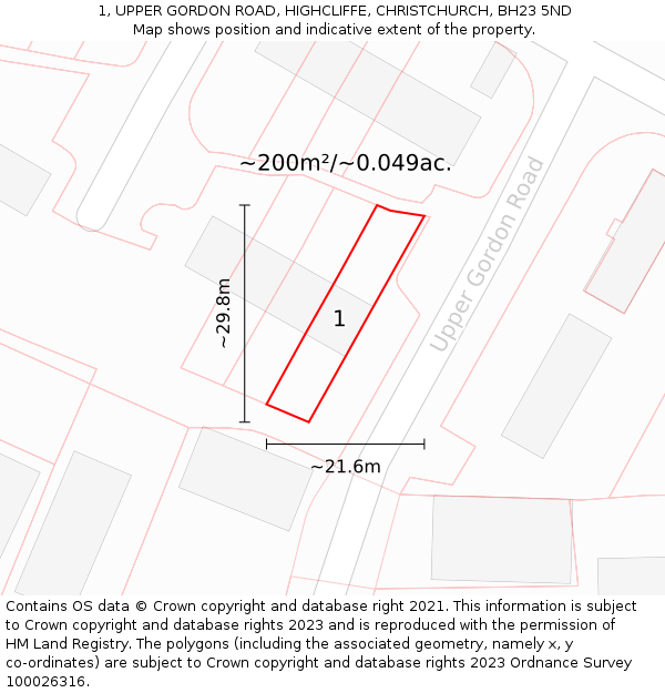 1, UPPER GORDON ROAD, HIGHCLIFFE, CHRISTCHURCH, BH23 5ND: Plot and title map