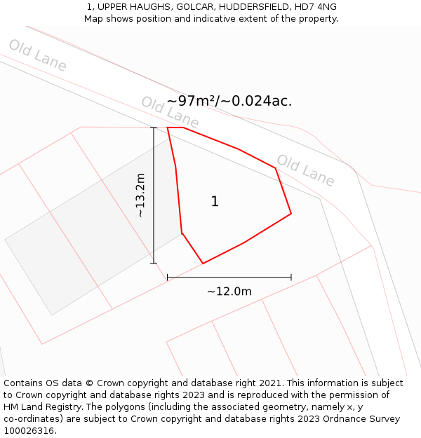 1, UPPER HAUGHS, GOLCAR, HUDDERSFIELD, HD7 4NG: Plot and title map