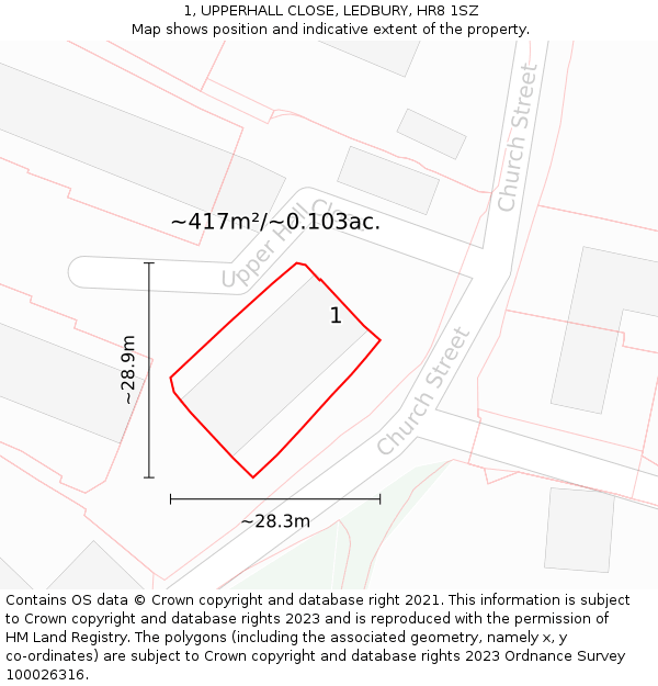 1, UPPERHALL CLOSE, LEDBURY, HR8 1SZ: Plot and title map