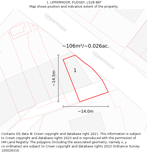 1, UPPERMOOR, PUDSEY, LS28 8BT: Plot and title map