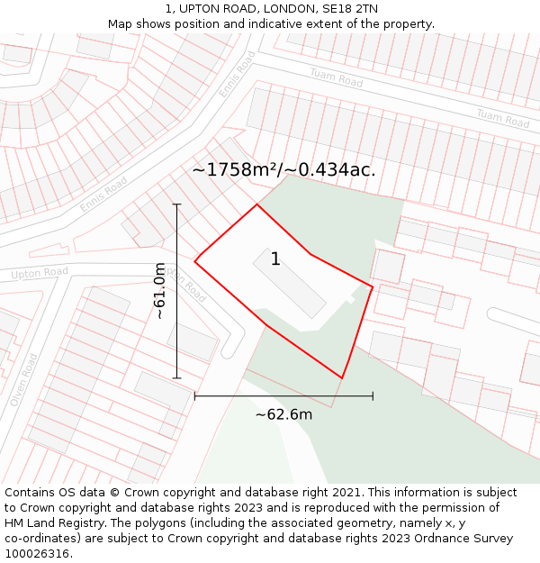 1, UPTON ROAD, LONDON, SE18 2TN: Plot and title map