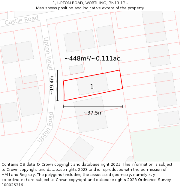 1, UPTON ROAD, WORTHING, BN13 1BU: Plot and title map